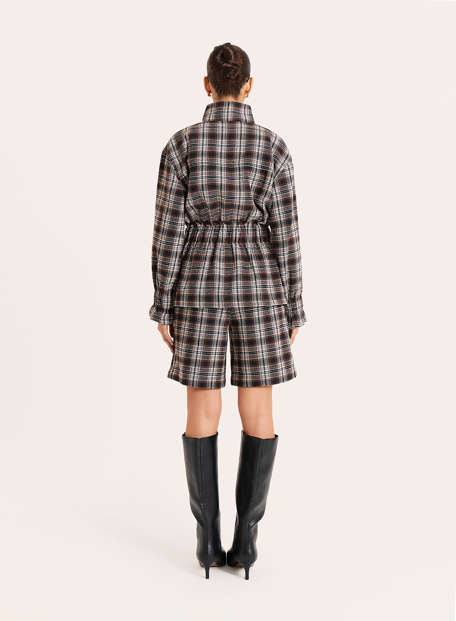Brown Check Funnel Neck Cinched Waist Jacket